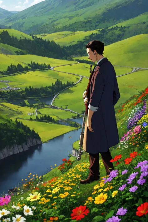 a cartoon picture of a man standing on a hill overlooking a valley