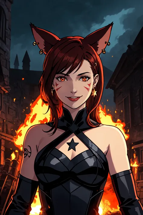 a woman in a black cat suit standing in front of a fire