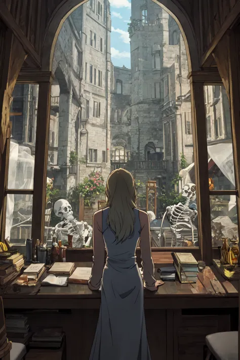 anime girl looking out of a window at a castle