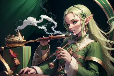 GreenTeamStyle, (high quality:1.2), (best quality:1.2), (masterpiece:1.2), official art, official wallpaper, surreal,  (When your holiday cheer is too lit, elf smoking a pipe, elf getting high:1.2)  (detailed:1.05), (extremely detailed:1.06), sharp focus, (intricate:1.03), (extremely intricate:1.04), (epic scenery:1.09), vibrant colors, (beautiful scenery:1.08), (detailed scenery:1.08), (intricate scenery:1.07), (wonderful scenery:1.05), beautiful face,