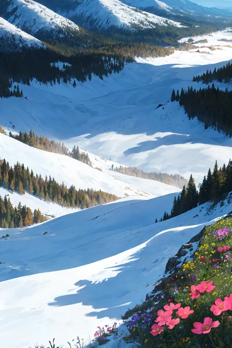 mountains covered in snow and flowers in the foreground