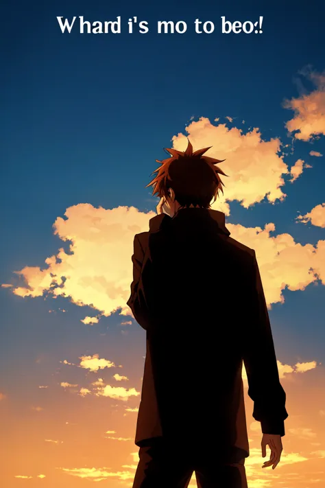 anime character standing in front of a sunset with a quote