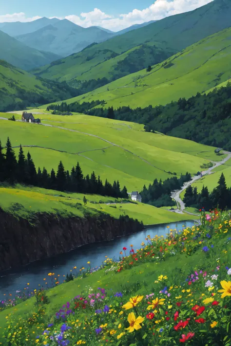 painting of a valley with a river and a mountain in the background