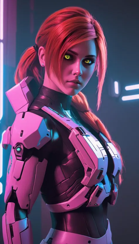 a woman in a futuristic suit with glowing eyes and a red hair