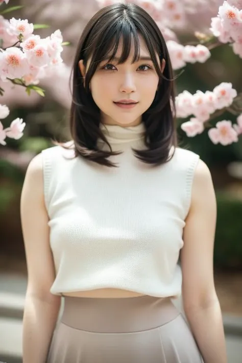 a woman standing under a tree with pink flowers in the background