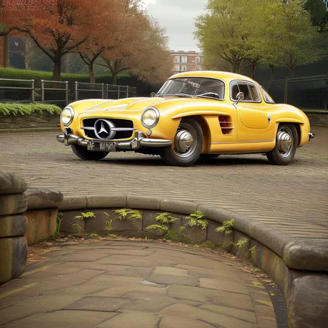<lora:50s_hyper_car_homage:1> 50s_hyper_car, background, benz, car, cobblestone, lot, parked, red, yellow