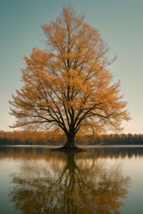 a lone tree in the middle of a body of water, breath-taking beautiful trees, breath - taking beautiful trees, autumn tranquility...