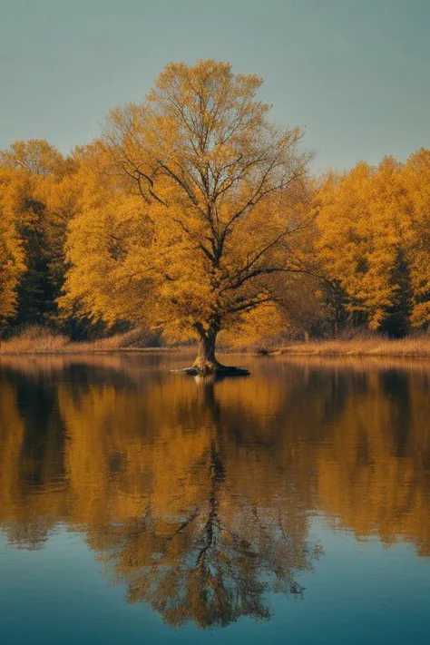 a lone tree in the middle of a body of water, breath-taking beautiful trees, breath - taking beautiful trees, autumn tranquility...