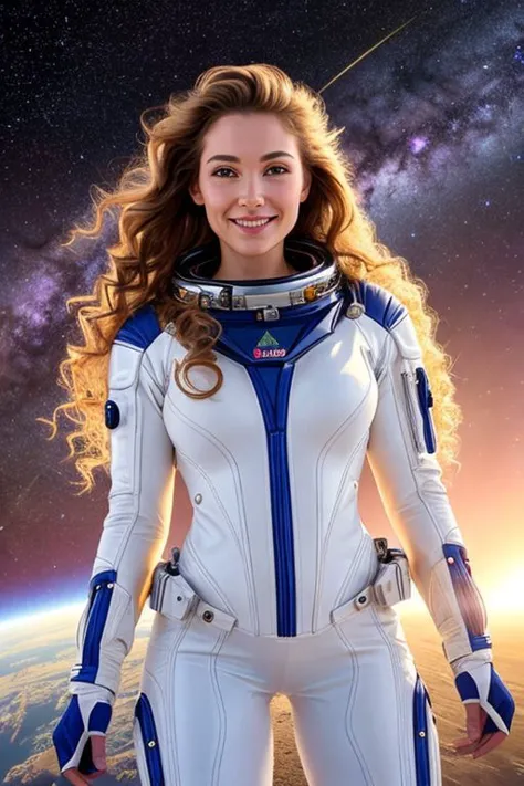 beautiful astronaut girl with large breasts, (full body photo:1,3), dressed in spacesuit, attractive forms, slim and athletic fi...