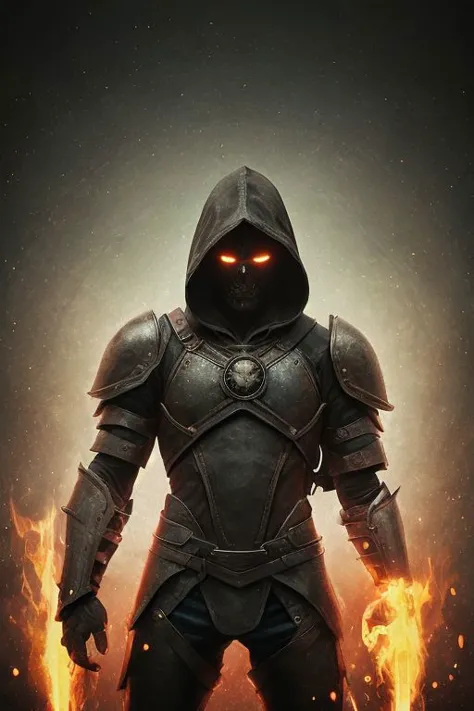 A dark ghostly male silhouette. Messenger of Gaa. Cracked skin. light armor. Cracked armor. Canvas hood. Runic circle. Elements. Power from inside. Glowing eyes. Bokeh blur. ral-dissolve.BadDream