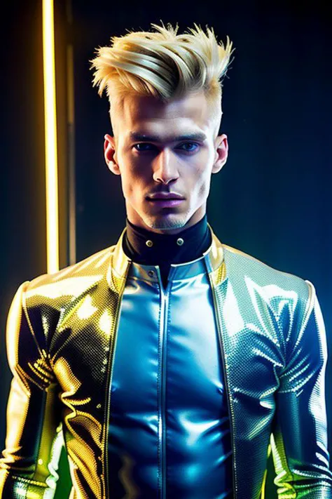 Experiment with a futuristic and tech-inspired fashion look featuring a 22-year-old blond male model in sleek, metallic-themed c...