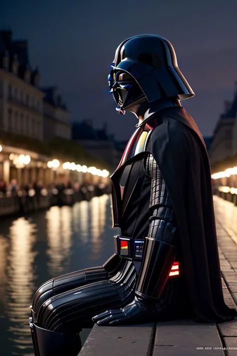 darth vader eating a strawbarry ice cream, sitting in the pont des arts, paris background, night, shallow depth of field, high-angle shot, indie film screencap, cinematic shot, dynamic lighting, 75mm, Technicolor, Panavision, cinemascope, sharp focus, fine details, 8k, HDR, realism, realistic, key visual, film still, cinematic color grading, depth of field