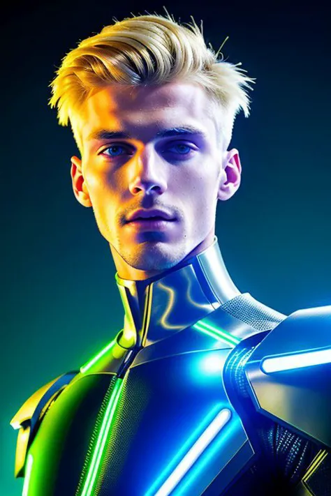 Experiment with a futuristic and tech-inspired fashion look featuring a 22-year-old blond male model in sleek, metallic-themed c...