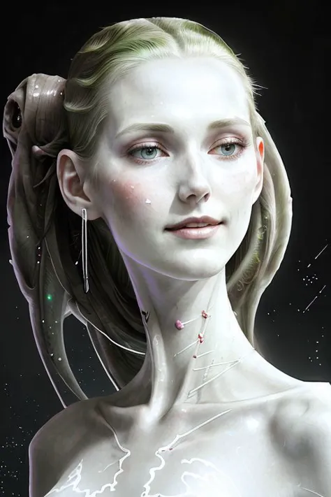 Clouse up portrait of a tall goddess, ((oblong face, long neck, slender body, pale skin, skinny, smile)), ((guyver)), insectoid uniform, luminescence, glitter, detailed face, detailed background, intense expression, surging power, floating particles, reflections, darkness, epic atmosphere,