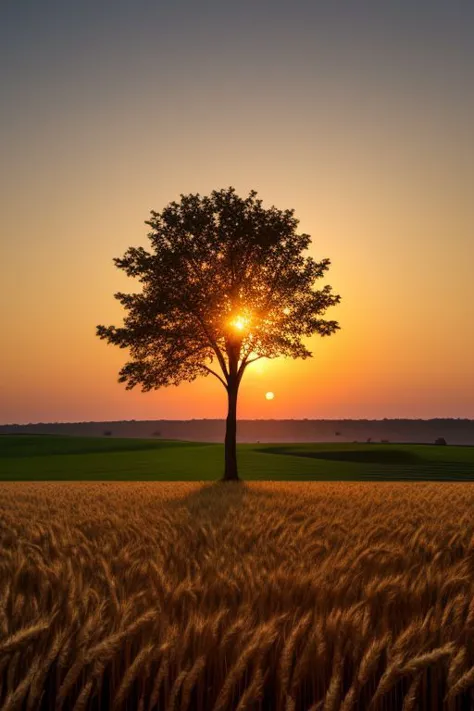 masterpiece, a lone tree in a field of wheat at sunset