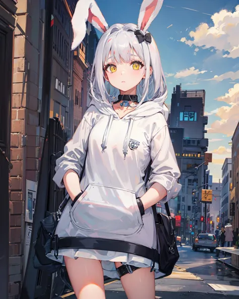 anime girl in bunny ears and a hoodie standing on a city street