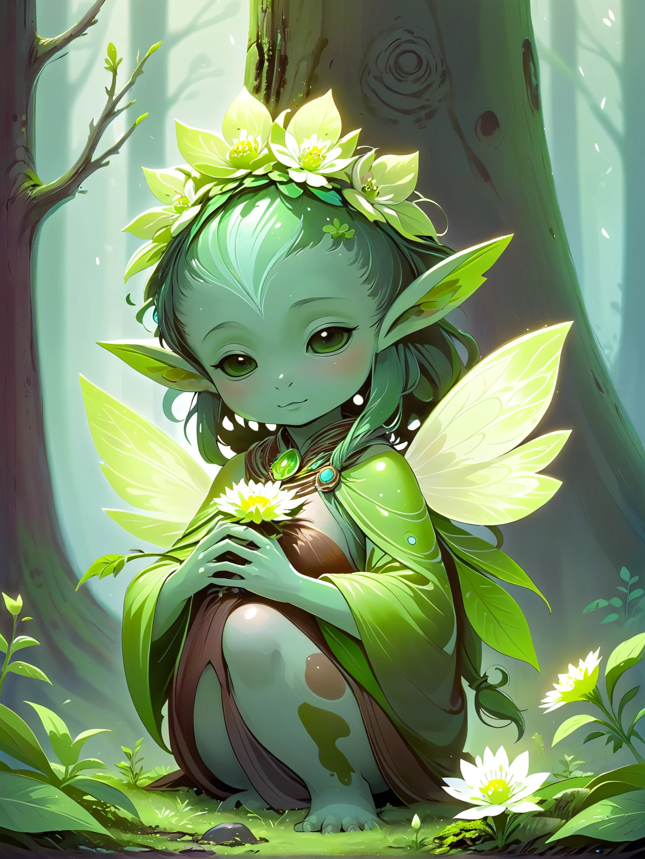 Um espírito da terra, com um tom verde musgo, cuidando de uma flor desabrochando em uma clareira na floresta.