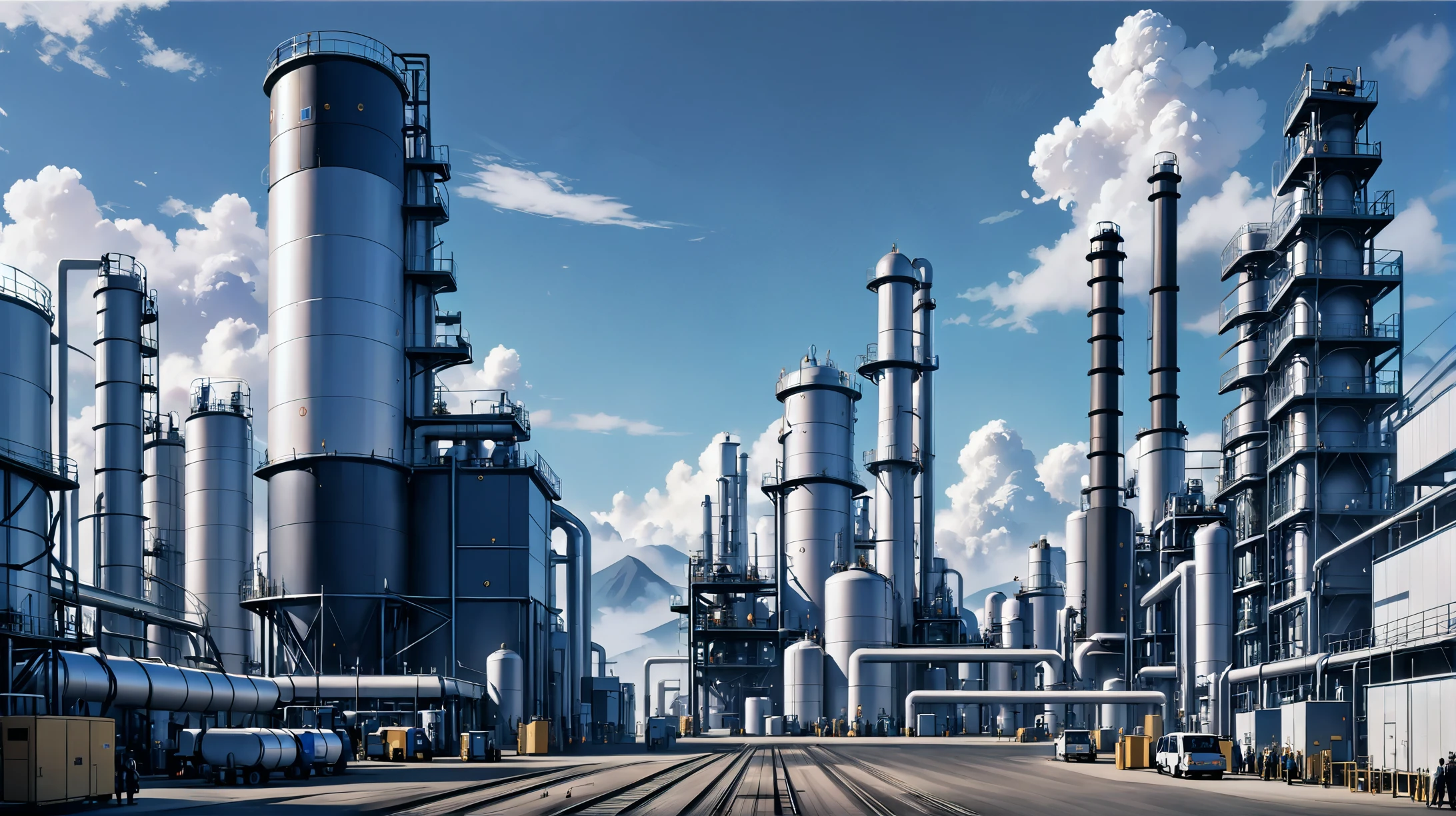 morning, blue sky, clouds, scenery, crowded Mallgoth town in a Fuel Production Facilities, 8k, ultra high detail, (Bloomcore:-1)