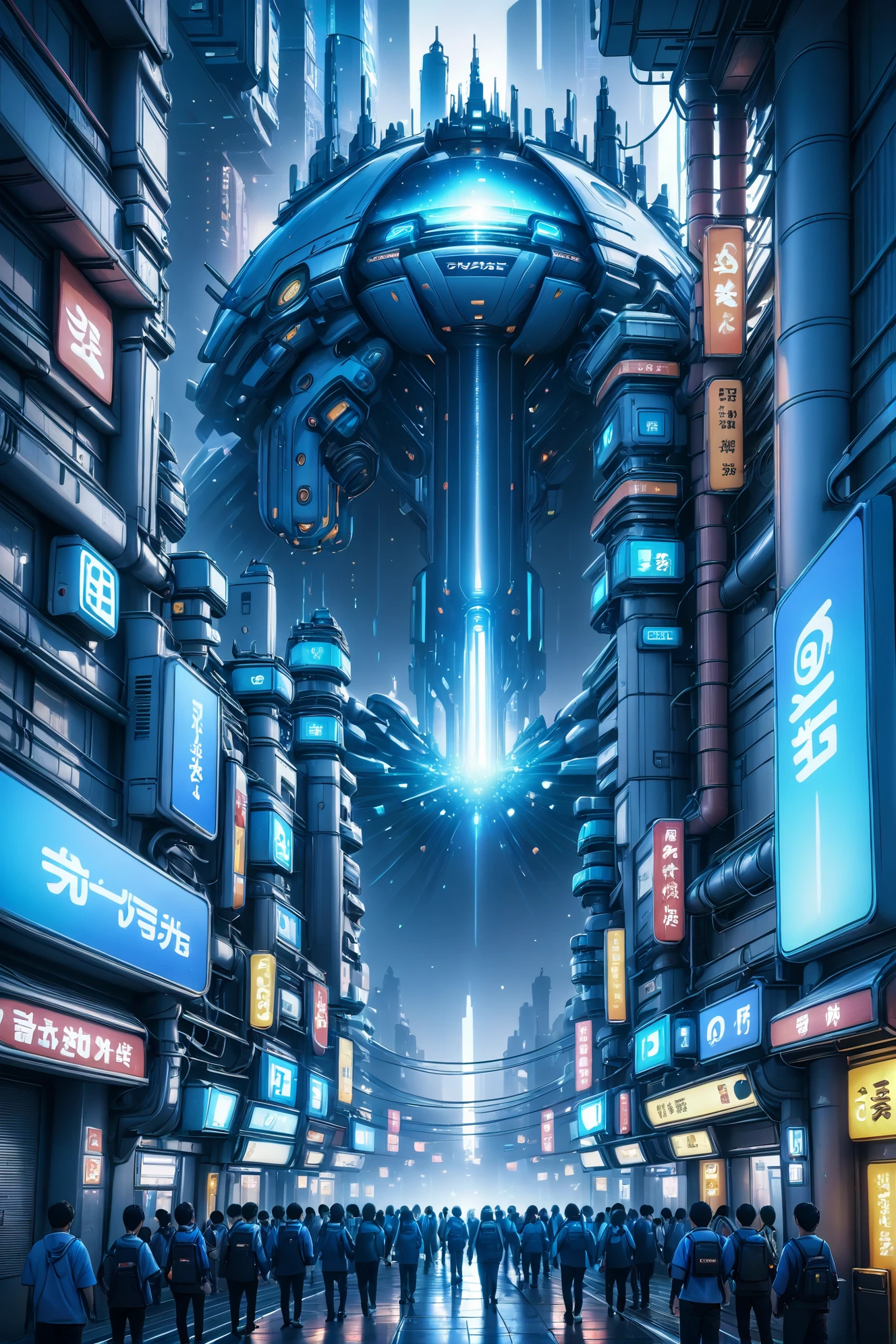 цифровая живопись, гиперреалистичный cg-рендеринг, сияющий свет лазури и подповерхностное рассеяние синей цветовой схемы, бесконечный,гигантский фантастический мегаполис в конце мультивселенной, 8К, сверхвысокая детализация, (нео-Токио:1)