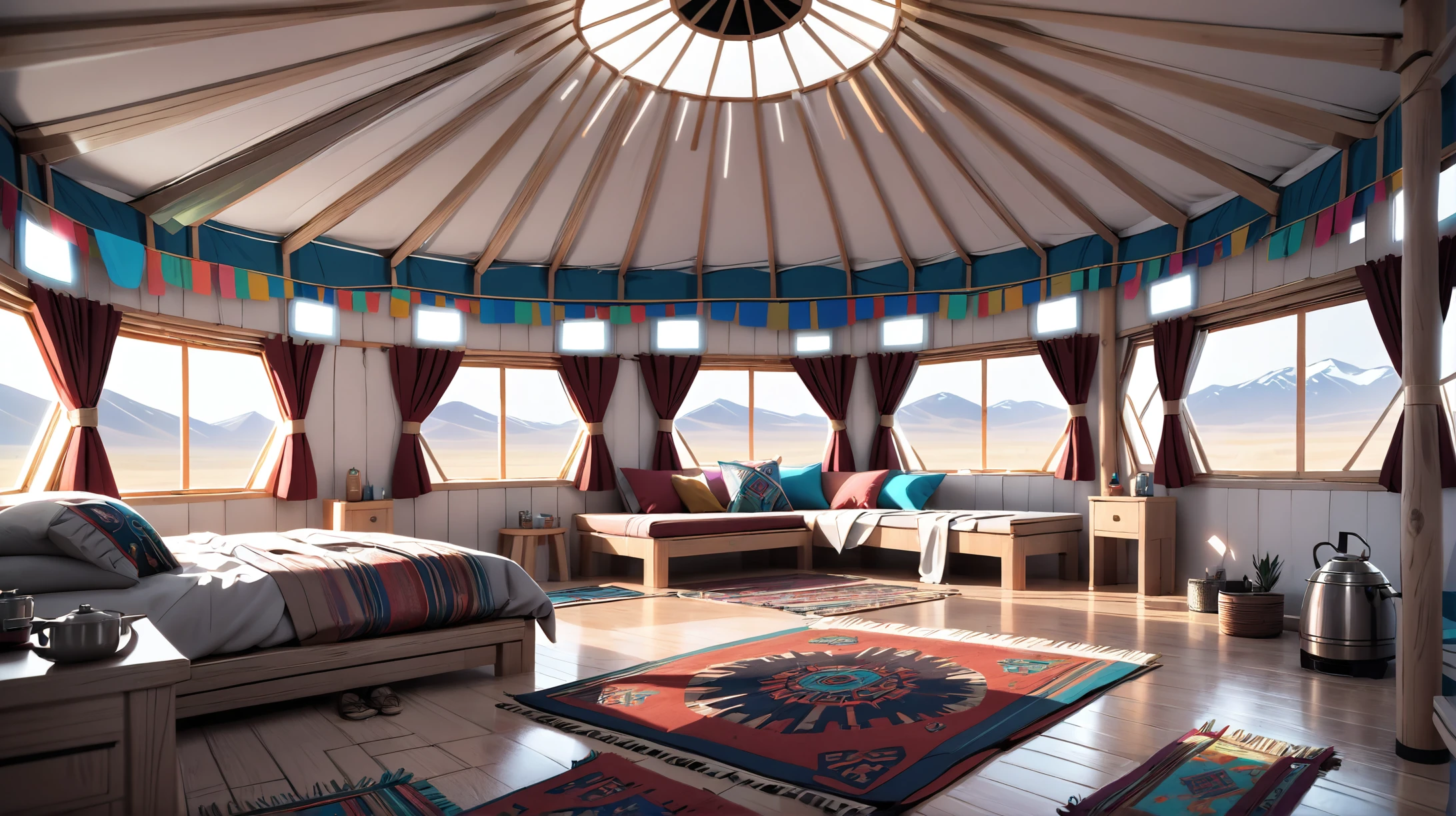 digital painting, hyperrealistic CG render, well-lit interior, in a Fresh Yurt in the Mongolian steppes, by Brad Wright, 8k, ultra high detail, (Normcore:-1)
