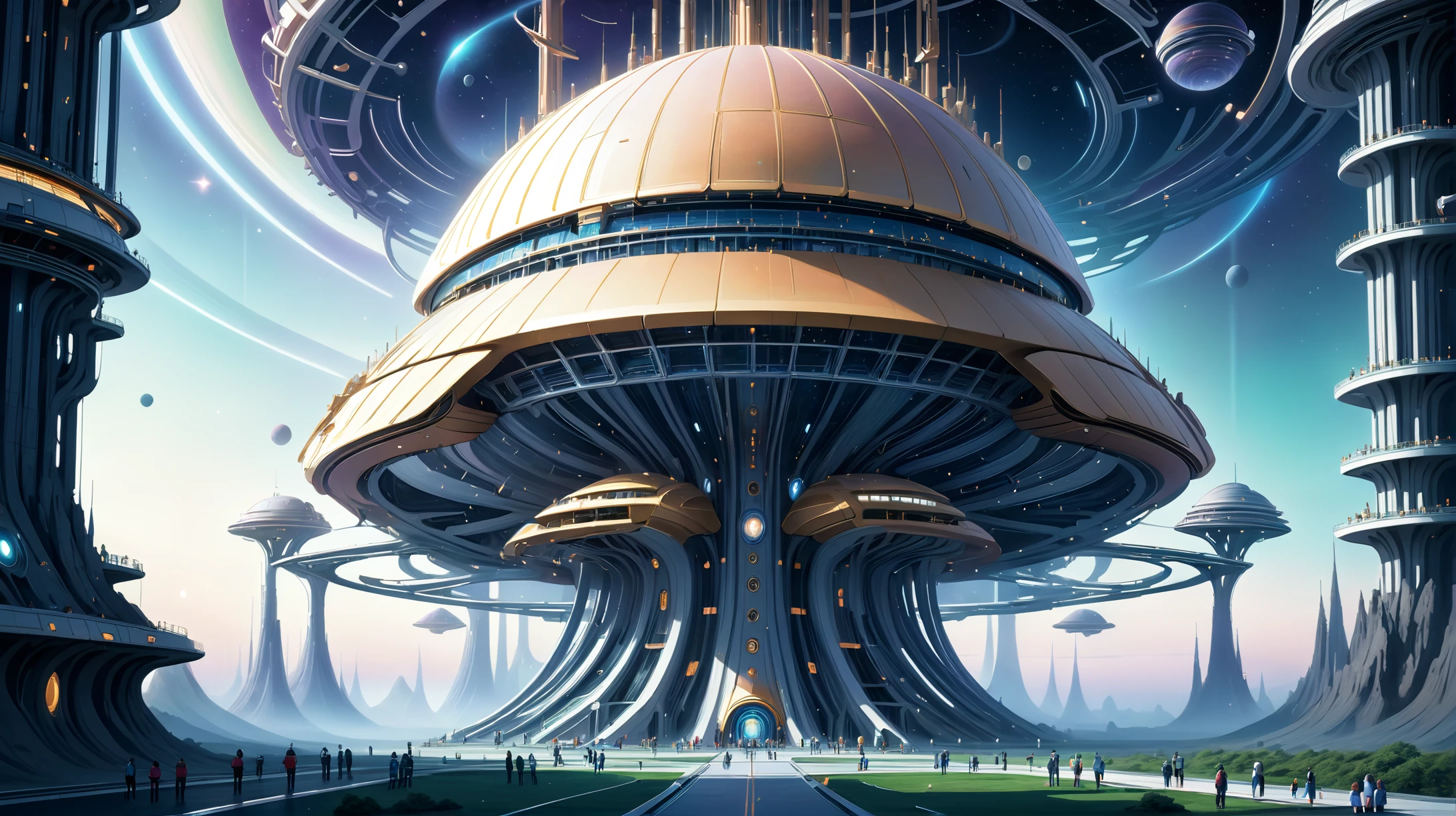 tritone digital painting, whimsical,Ethereal scifi megastructure outside of the universe, by Pablo Dominguez, 8k, ultra high detail
