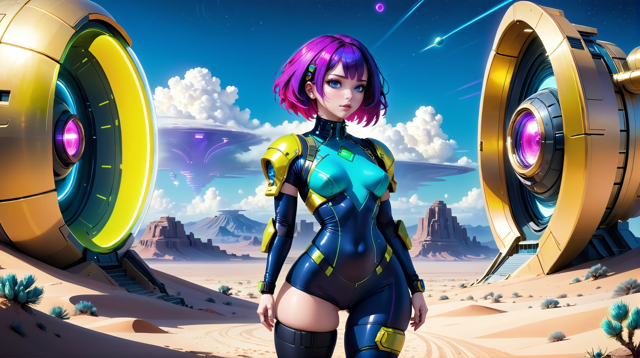 digital painting,  woman, athletic hourglass figure, scifi, retro-futuristic,neon nomad,far future, space marine, full body, wearing skin-tight futuristic casual clothes, glimmering neon magenta bombshell short bombshell hair, sexy pose, noon, blue sky, clouds, scenery, in a Timeless Desert, intricate, 8k, ultra high detail