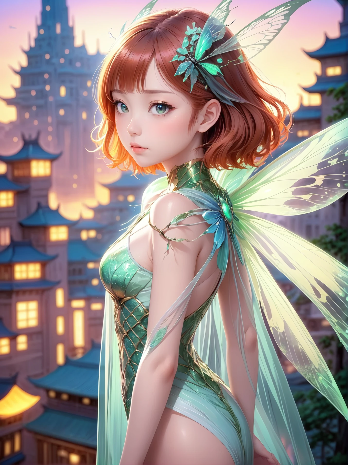 1girl, woman, pastel sunset skin, Cypress tree fairy empress,insect wings, see-through gossamer, bombshell hair, auburn hair, short hair, average figure, (asian:1.3), (amazing fantasy subterranean city beyond the end of the universe:1)