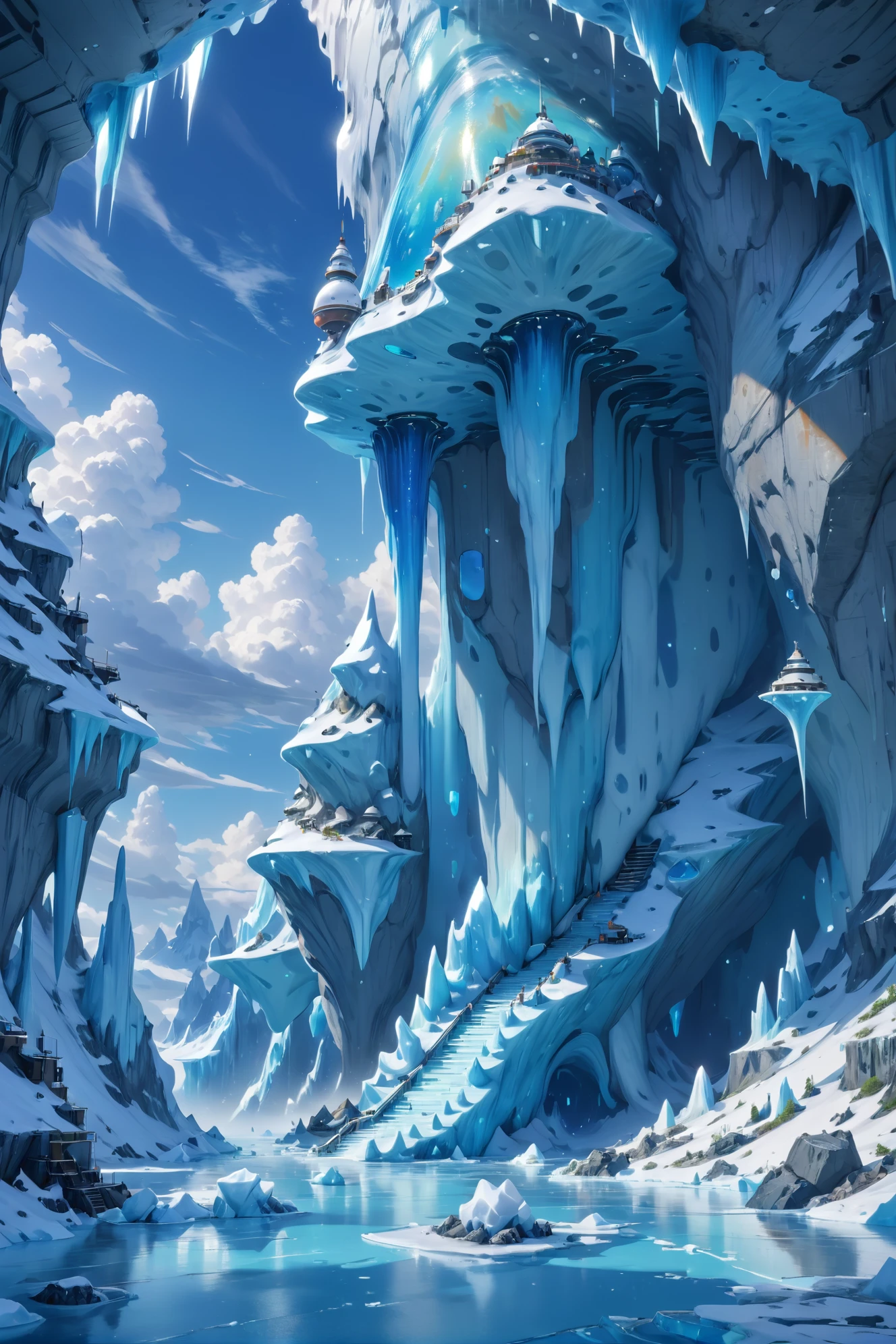 peinture numérique, midi, Ciel bleu, des nuages, paysage, dans des points d&#39;exploration de glace souterraine, par Aaron Beck, 8k, détails ultra élevés, chef-d&#39;œuvre