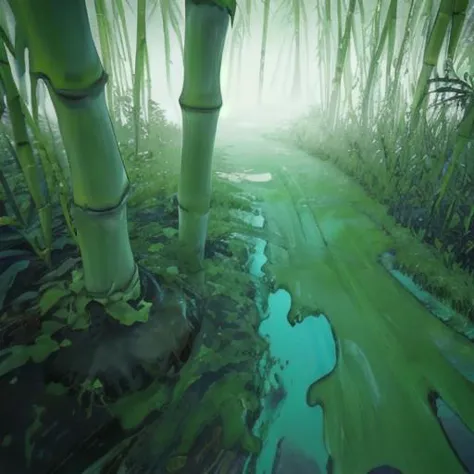 a detailed bamboo made out of slime, dense-forest, a vast bamboo forest made out of slime, translucent bamboo, transparent bambo...