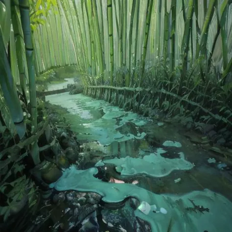 a detailed bamboo made out of slime, dense-forest, a vast bamboo forest made out of slime, translucent bamboo, transparent bambo...