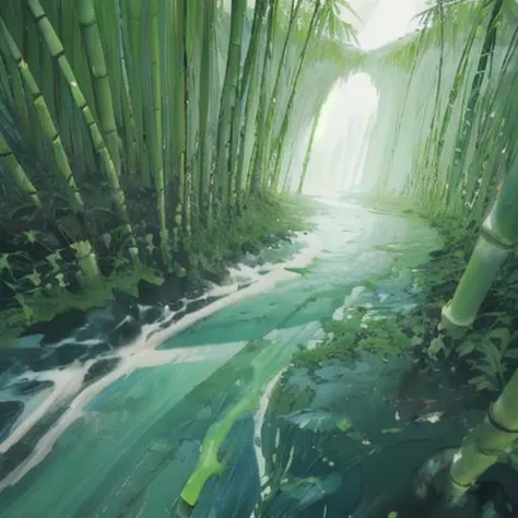 a detailed bamboo made out of slime, dense-forest, a vast bamboo forest made out of slime, translucent bamboo, transparent bambo...