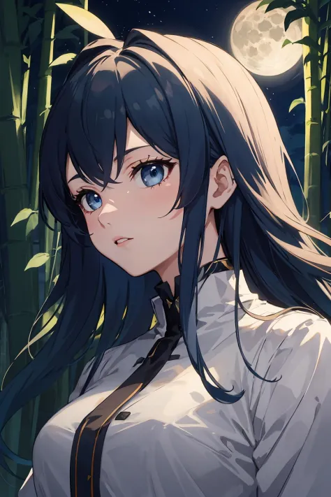 anime girl with long black hair and blue eyes standing in front of bamboo trees