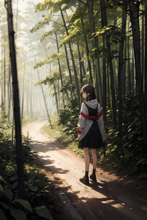 anime girl walking down a dirt road in a forest