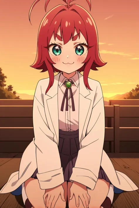 <lora:KusuriYakuzenV1:0.8>,1girl,kusuriyakuzenbianxiao,solo,antenna hair,short hair,red hair,short eyebrows,thick eyebrows,green eyes,aqua eyes,aged down,
green jewelry neck ribbon,white lab coat,long sleeves,white pink collared shirt,suspender dark pleated skirt,dark knee-high socks,:3,blush,smile, 
blue slippers,outdoors,sunset,seiza,Exquisite visuals,high-definition,masterpiece,best quality,Exquisite visuals,high-definition,masterpiece,best quality,Beautiful Fingers,Beautiful long legs,Beautiful body,Beautiful character design,