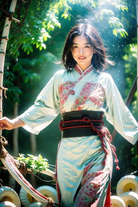 arafed woman in a white and red kimono standing next to a tree