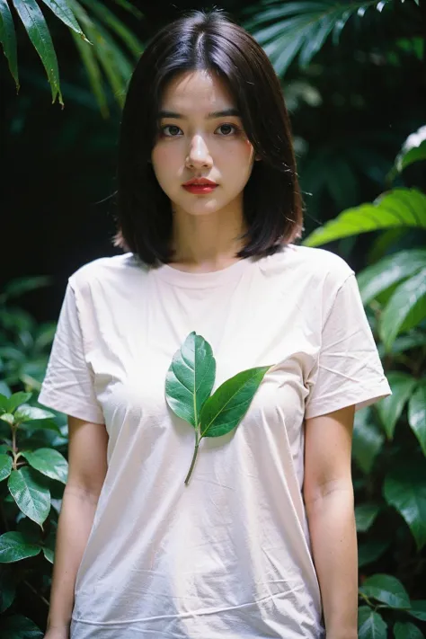 Best Quality,Masterpiece,Ultra High Resolution,(Realisticity:1.4),Original Photo,
1girl,among leaves,Pure cotton white T-shirt,
