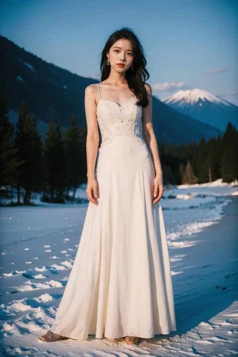 Best Quality,Masterpiece,Ultra High Resolution,(Realisticity:1.4),Original Photo,
1 girl,snow mountain,super long wedding dress,...