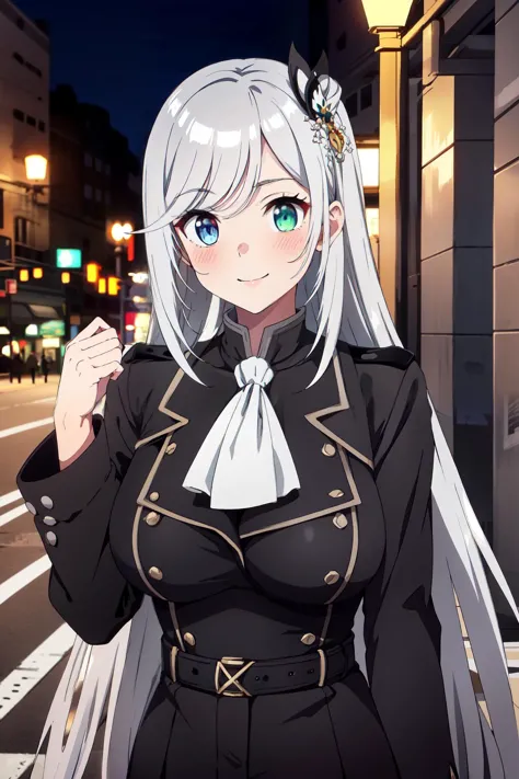 anime girl in black outfit standing on street corner with street lights