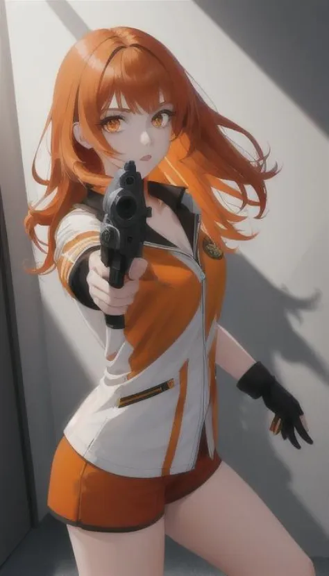 1girl, orange eyes , long orange hair , aiming at viewer, holding pistol, handgun, masterpiece, detailed shadows, detailed light...