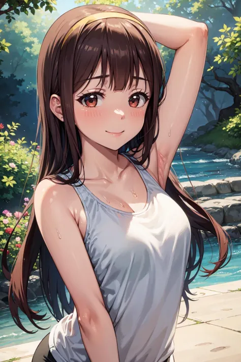 masterpiece, best quality, ultra-detailed,
kotoha tanaka, long hair, hairband, tank-top, smile, sweat drop, steaming body, sweat...