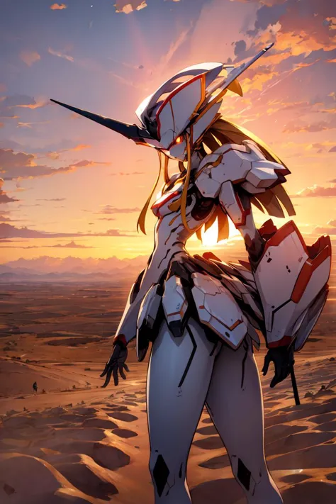 strelizia,looking at viewer,holding,closed mouth,horn,bangs,walking,asymmetrical,<lora:franxxDarlings:1>,from_side,on a desert,s...