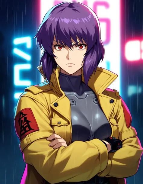 puntaje_9, puntaje_8, puntaje_7, fuente_animado,
clasificación_seguro,
1 chica, solo,
kusanagi motoko, Fantasma en la concha, cabello purpura, ojos rojos, uniforme militar, abrigo amarillo,
pistola, serious, Noche, lluvia, Luces de neón, ciberpunk