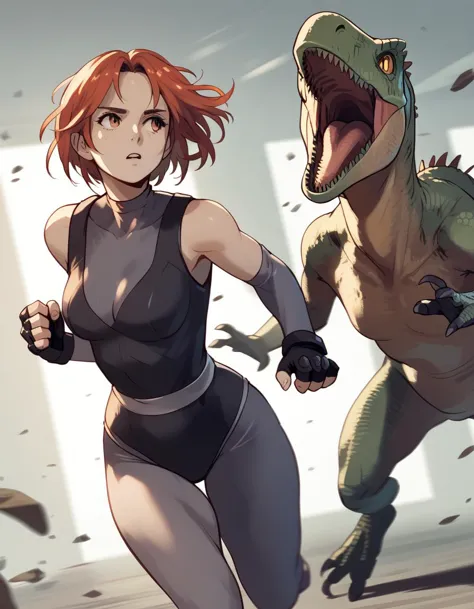 a close up of a woman running next to a dinosaur