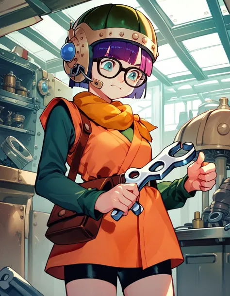 anime girl in a helmet holding a pair of scissors in a kitchen