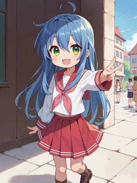 anime girl with blue hair and a pink skirt pointing at something