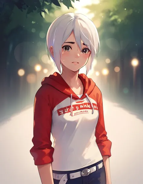 <lora:ashley-ac-ponyxl-000060:1> ashley mizuki robbins, hoodie, white shirt, red sleeves, jeans, white belt,
forest, night, blur...