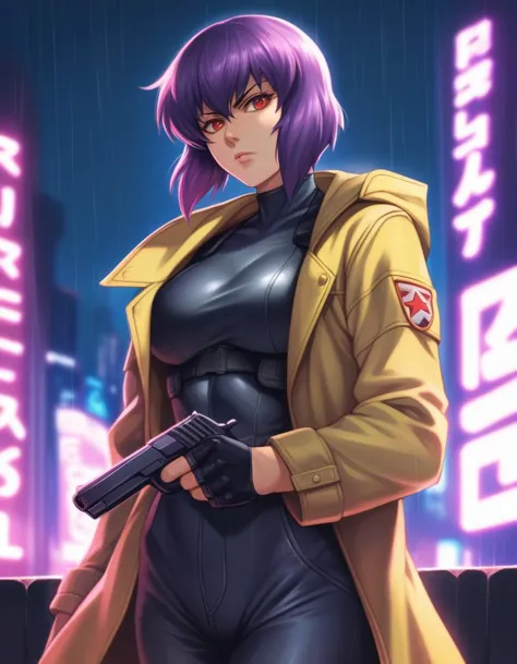 score_9, score_8_up, score_7_up, score_6_up, score_5_up, score_4_up, source_anime,
1girl, solo, kusanagi motoko, ghost in the shell, purple hair, red eyes, military uniform, yellow coat, handgun, serious, night, rain, neon lights