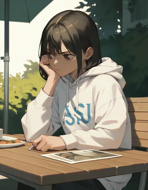 anime girl sitting at a table with a plate of food