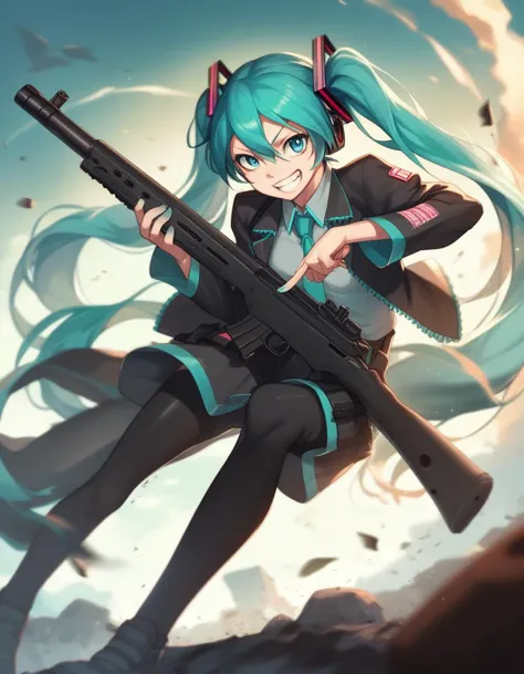 score_9, score_8_up, score_7_up, score_6_up, score_5_up, score_4_up, source_anime,
1girl, solo, hatsune miku, shotgun, grin, bat...