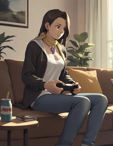 anime girl sitting on a couch holding a video game controller